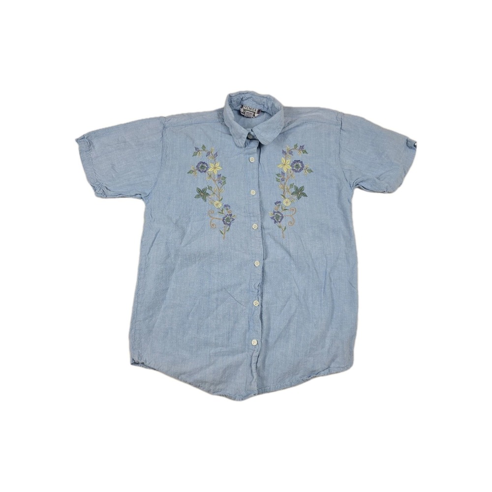 Premier‎ International Women's Size Small Blue Denim Shirt Flower Embroidered